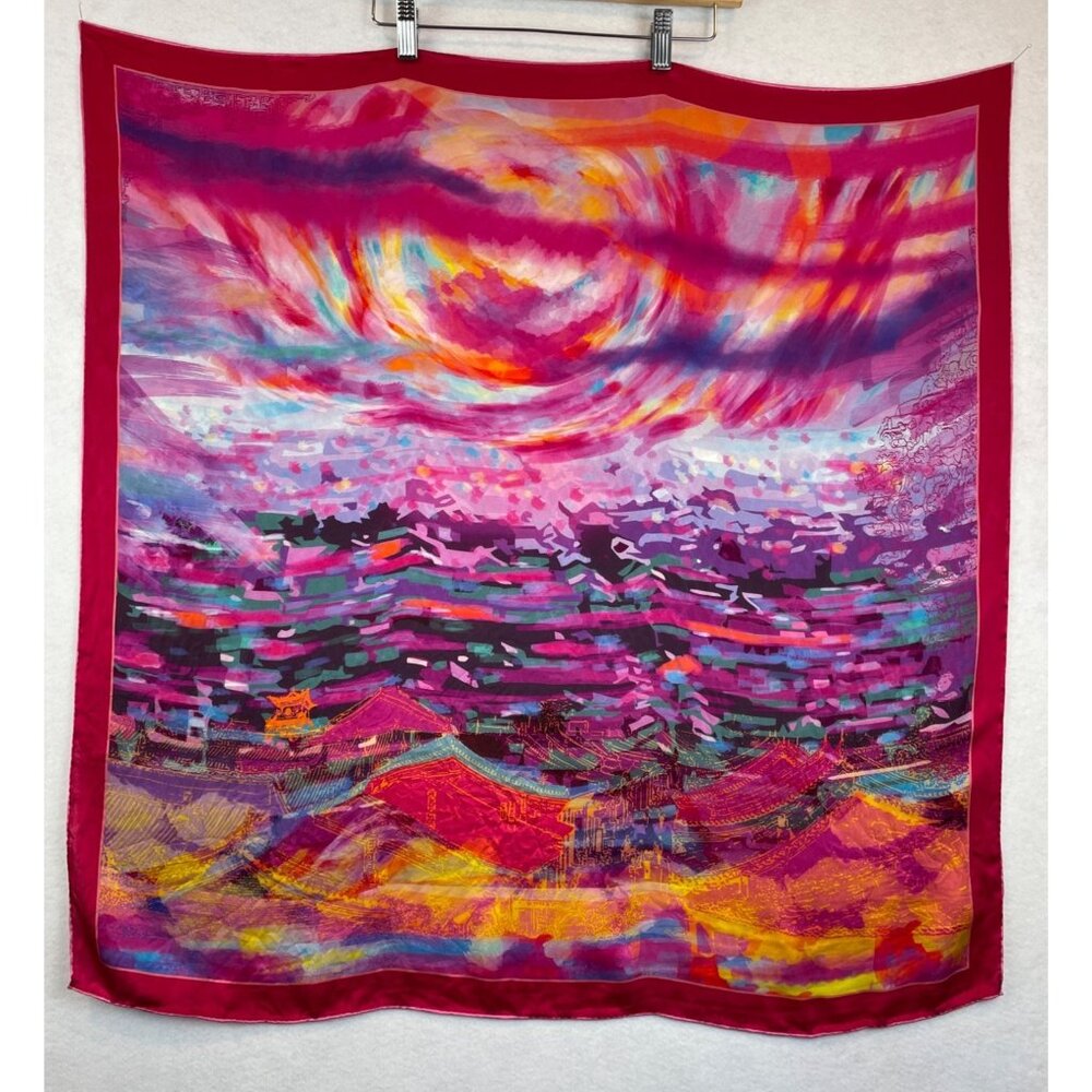 Vintage 100 Silk Scarf Bright Colorful Asian Handmade